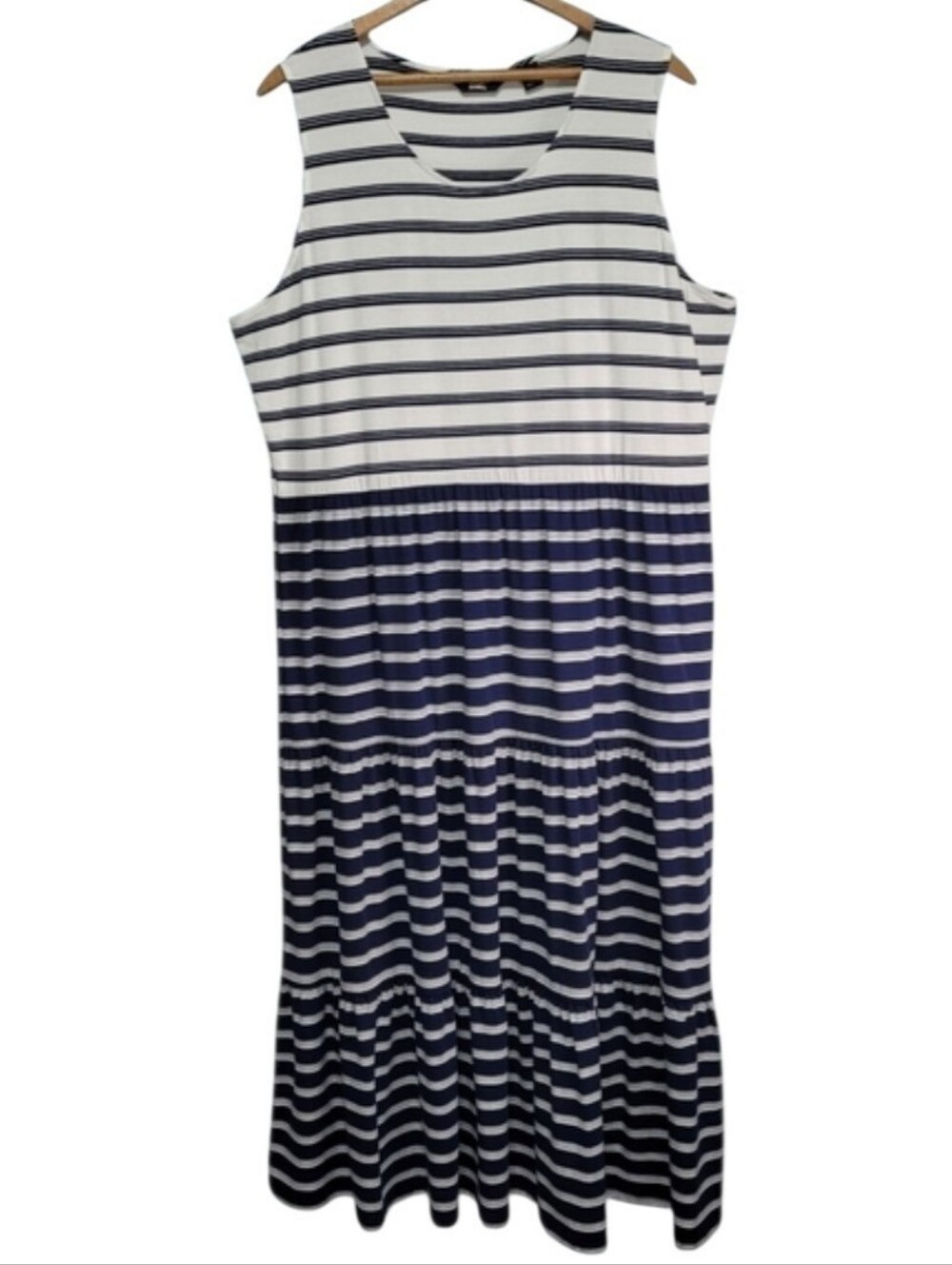 Lands End Sleeveless Tiered Stripe Maxi Dress Size L/P 14/16 Coastal Nautical
